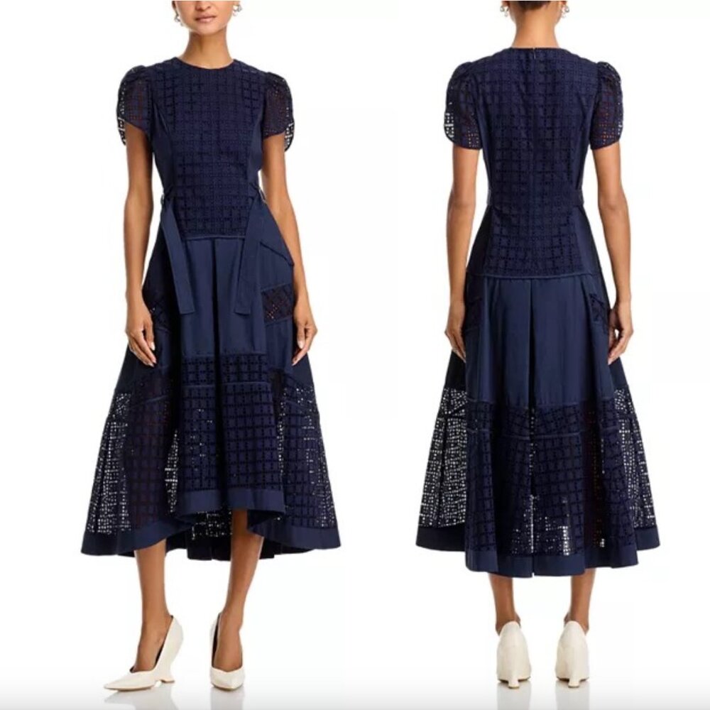 3.1 Phillip Lim Broderie Anglaise Grid Tulip Midi Dress in Navy Dark Blue Maxi